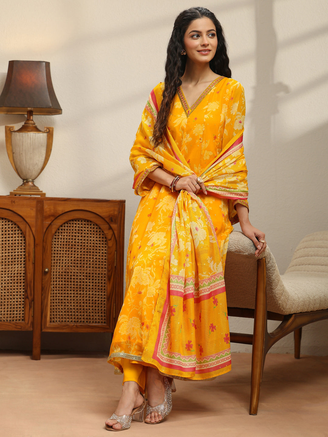  Sunflower Yellow Floral Printed Chiffon Anarkali Suit Set 