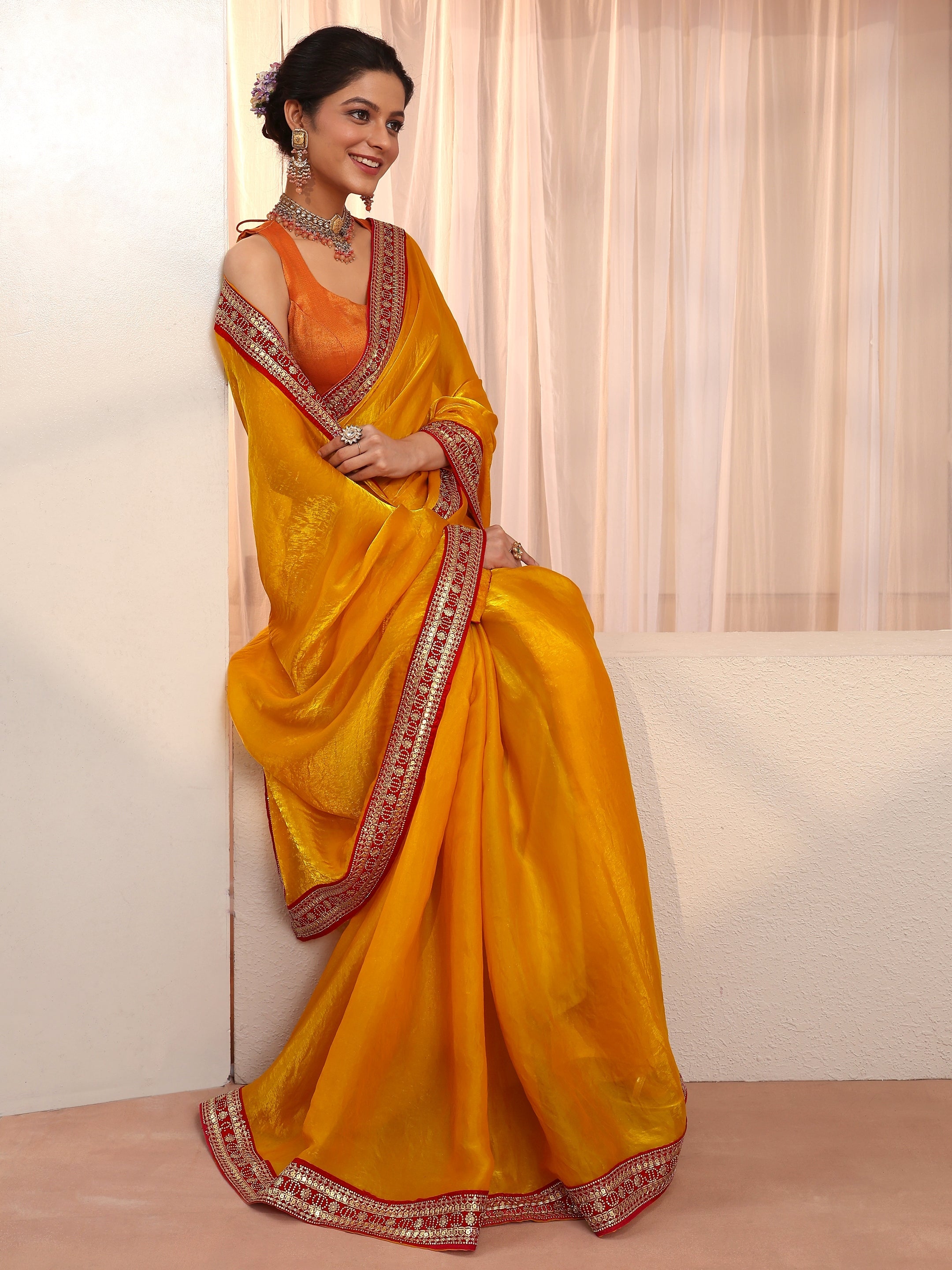 libas Sunglow Yellow Embellished Border Tissue Saree-picture-22