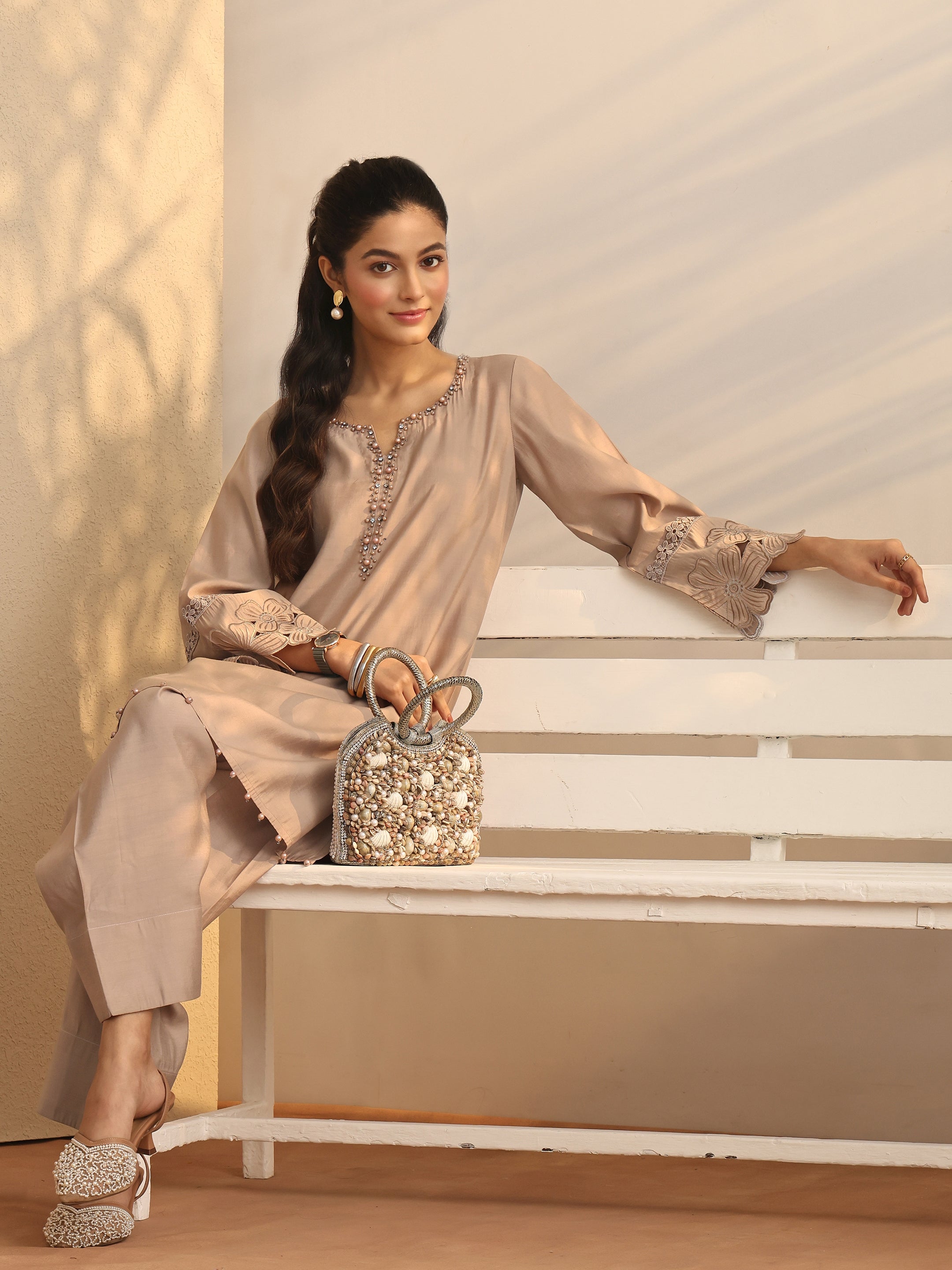 libas Tan Embroidered Silk Blend Co-Ord Sets-picture-47