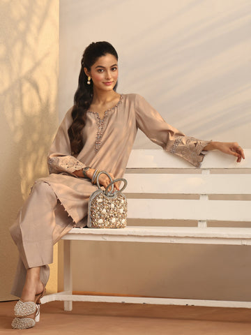 Tan Embroidered Silk Blend Co-Ord Sets