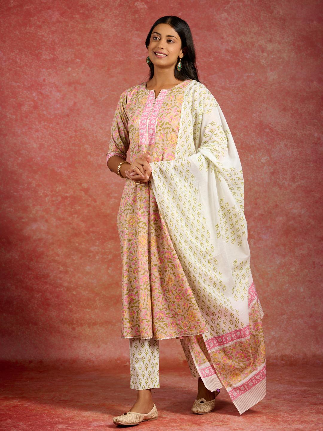 Tan Printed Cotton Anarkali Kurta With Trousers & Dupatta - Libas