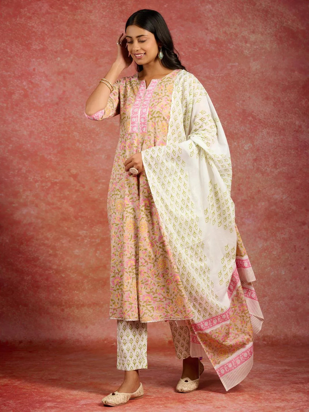 Tan Printed Cotton Anarkali Kurta With Trousers & Dupatta - Libas 