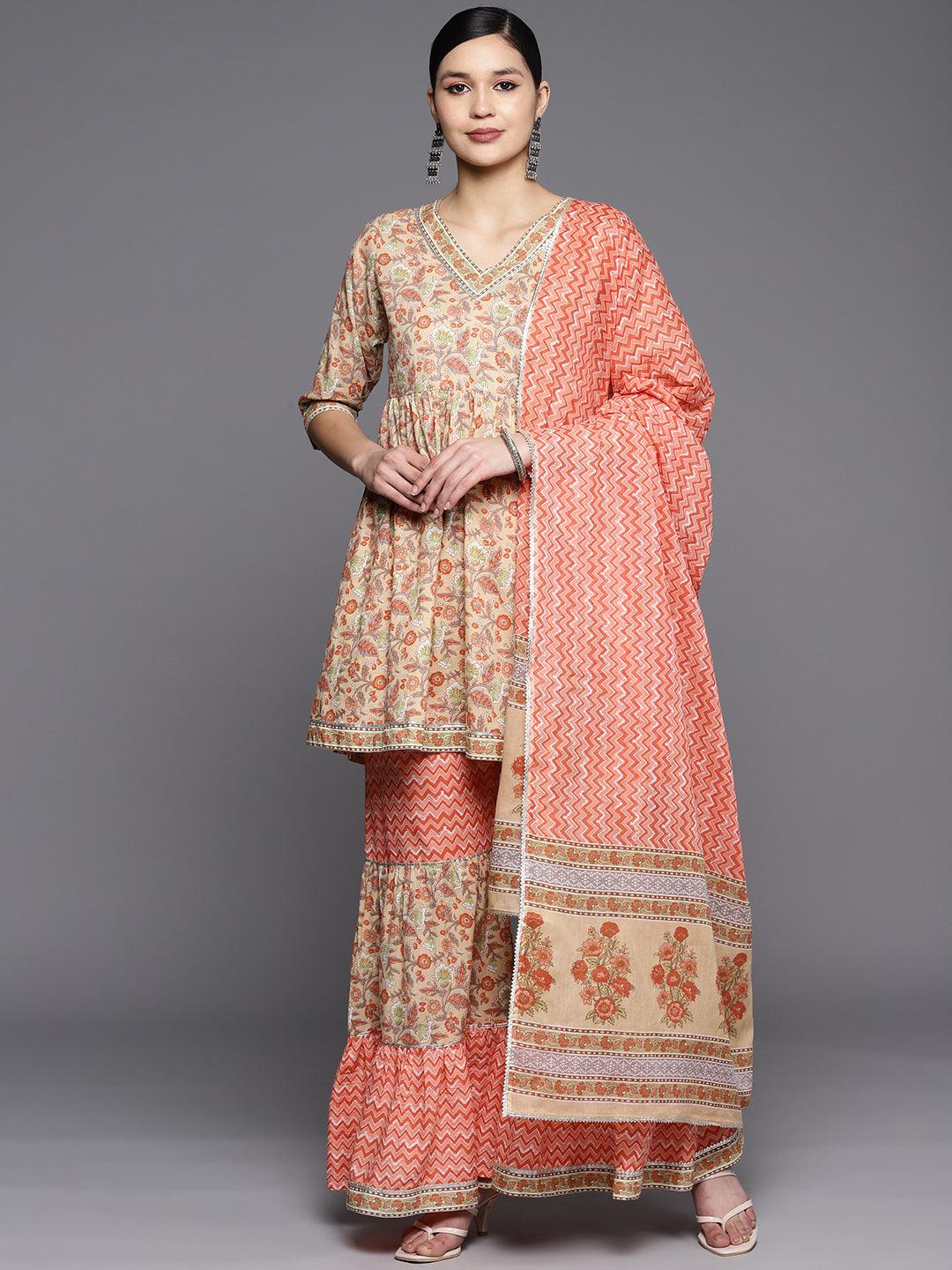 Tan Printed Cotton Anarkali Sharara Suit Set - Libas
