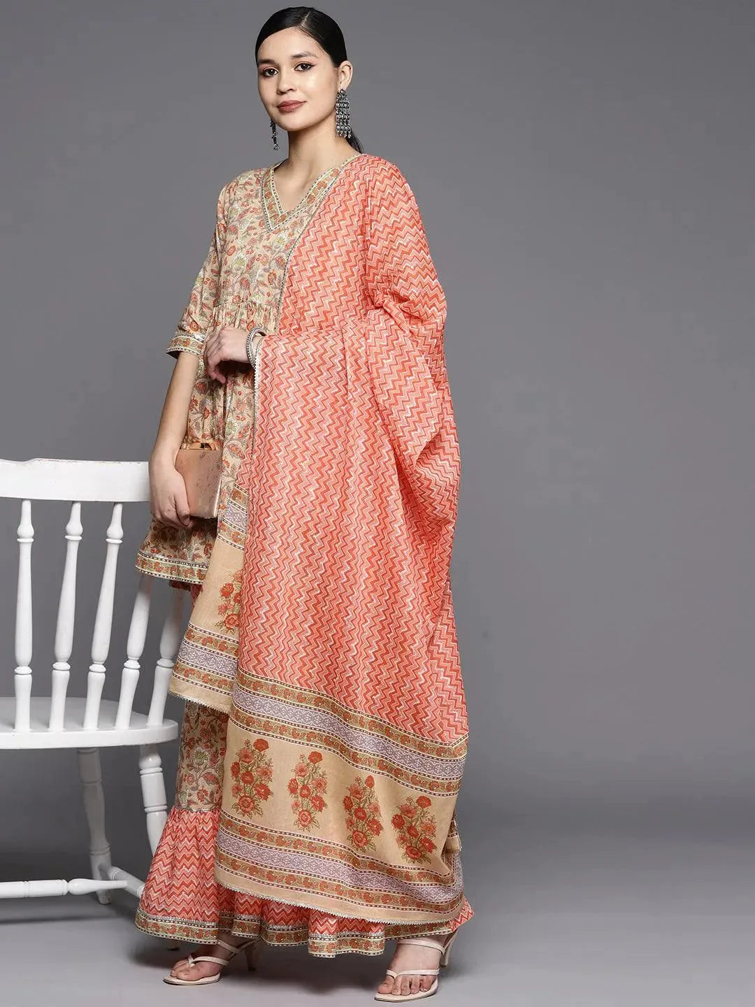 Tan Printed Cotton Anarkali Sharara Suit Set - Libas