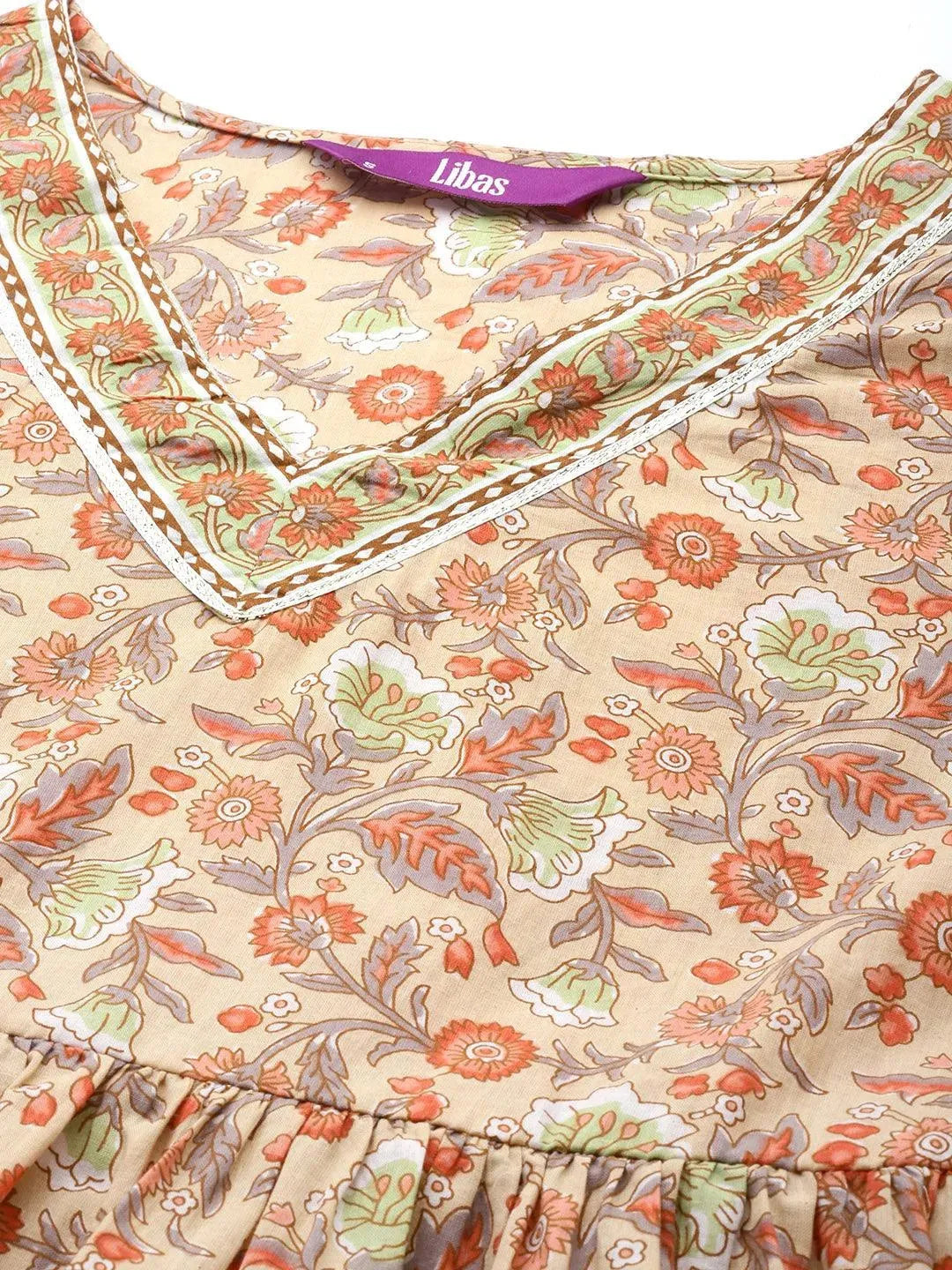 Tan Printed Cotton Anarkali Sharara Suit Set - Libas 
