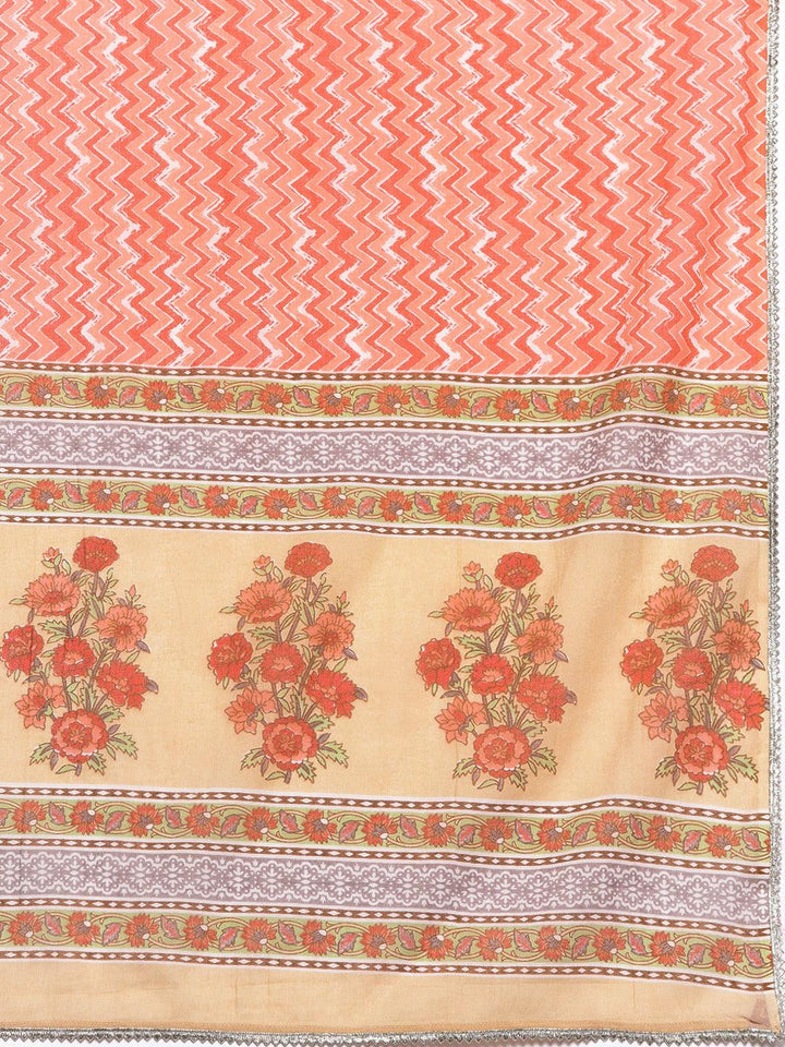 Tan Printed Cotton Anarkali Sharara Suit Set - Libas