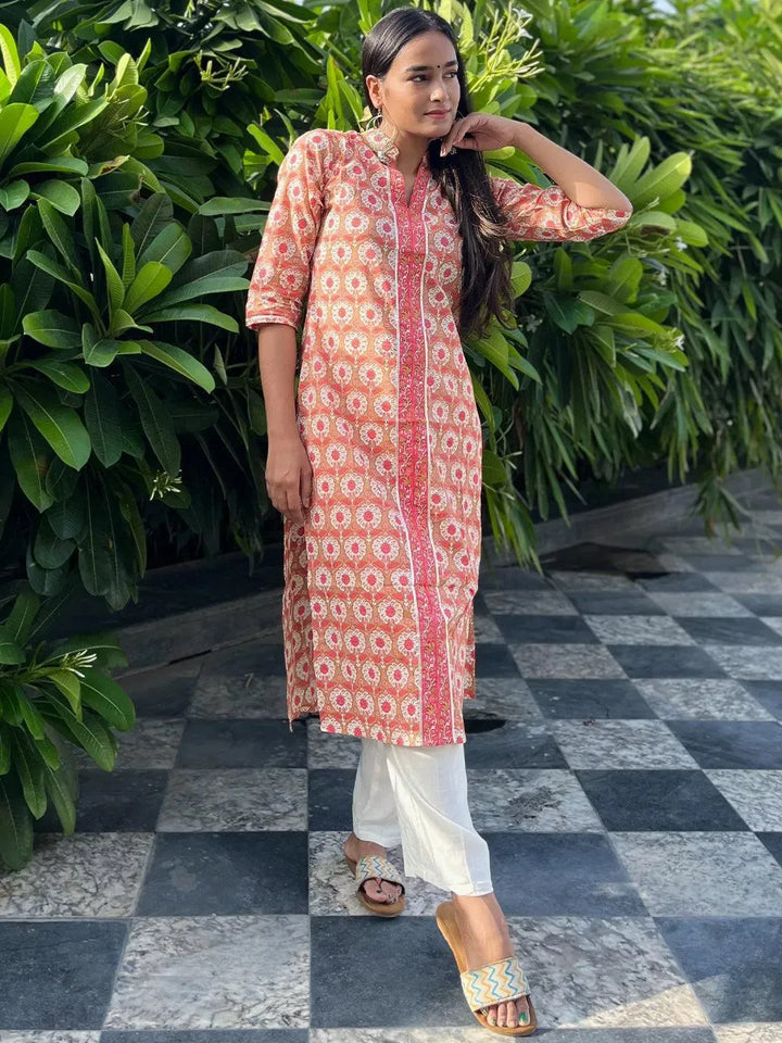 Tan Printed Cotton Straight Kurta - Libas