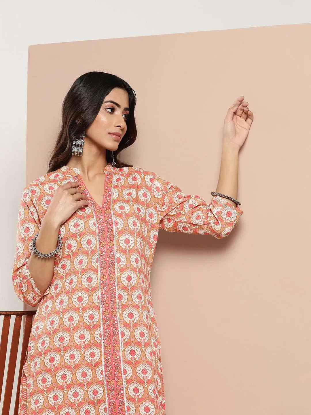 Tan Printed Cotton Straight Kurta - Libas 