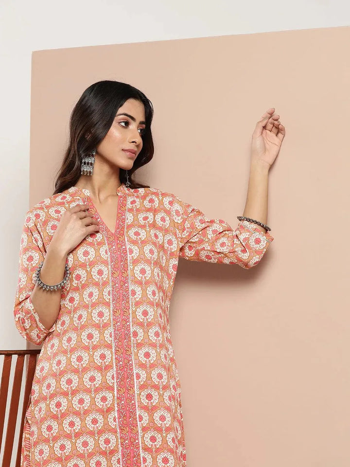 Tan Printed Cotton Straight Kurta - Libas