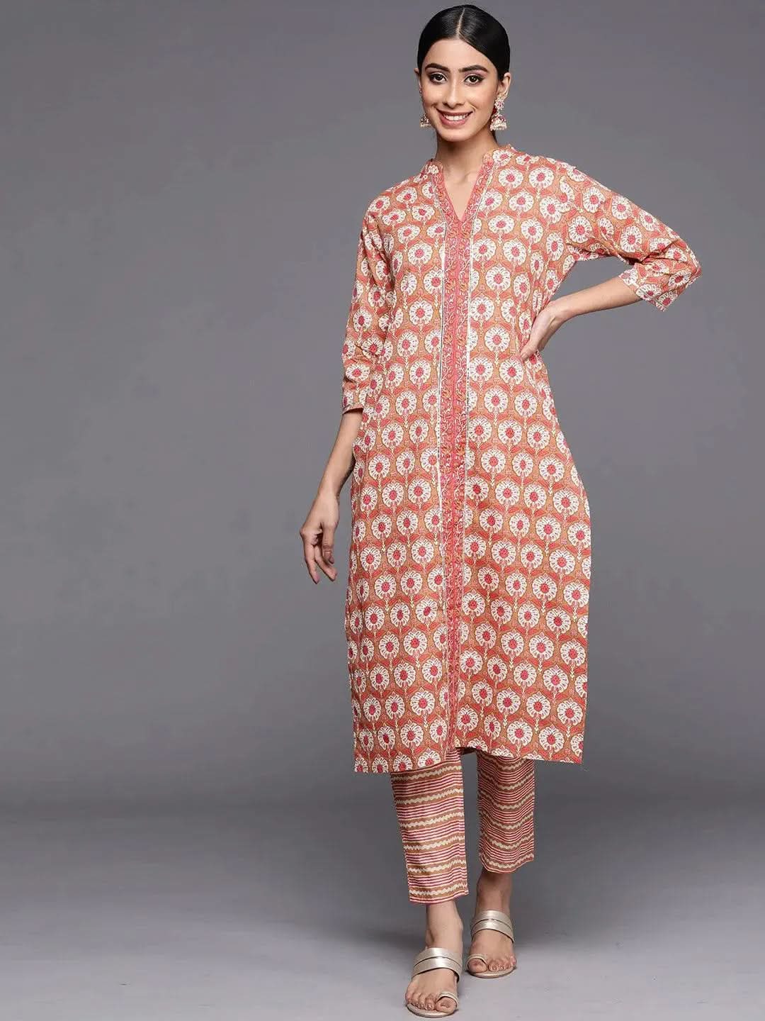 Tan Printed Cotton Straight Kurta Set With Trousers - Libas 