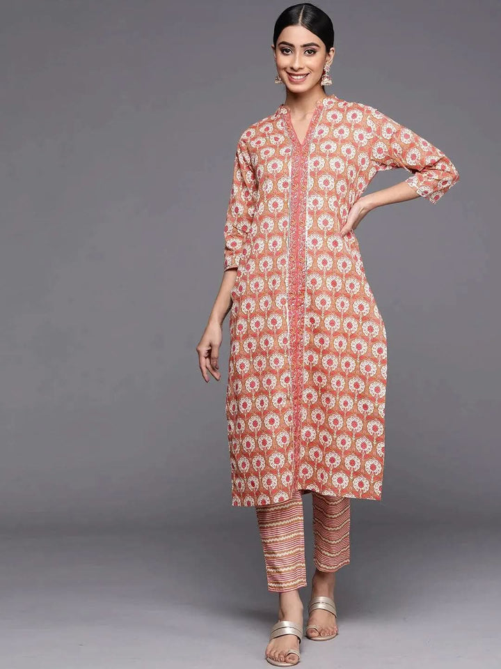 Tan Printed Cotton Straight Kurta Set With Trousers - Libas