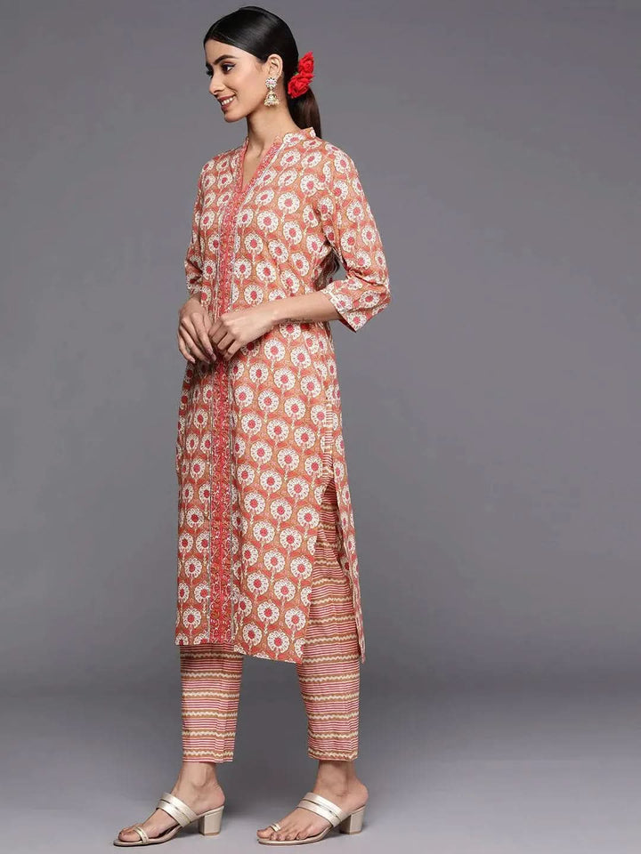 Tan Printed Cotton Straight Kurta Set With Trousers - Libas