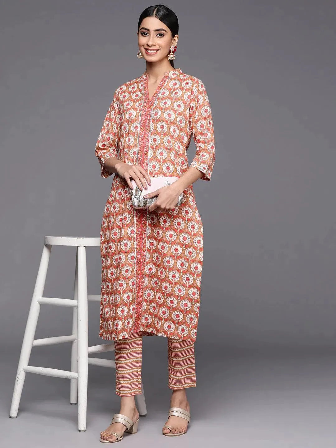 

Tan Printed Cotton Straight Kurta With Trousers