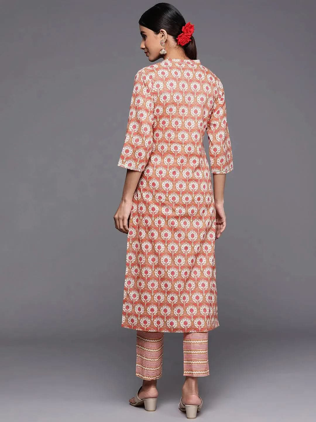 Tan Printed Cotton Straight Kurta Set With Trousers - Libas