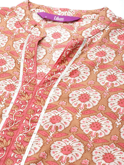 Tan Printed Cotton Straight Kurta Set With Trousers - Libas