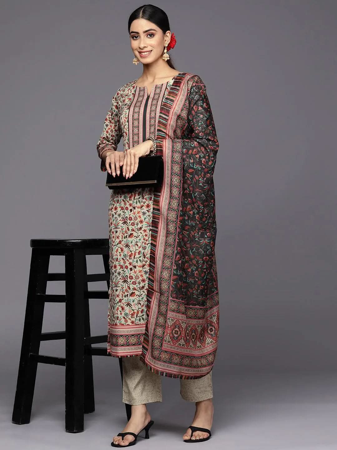 Mustard Printed Crepe Straight Suit Set With Trousers