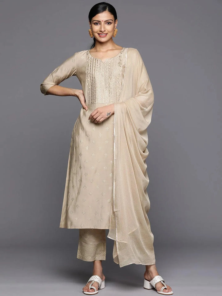 Tan Printed Silk Blend Straight Kurta With Trousers & Dupatta - Libas