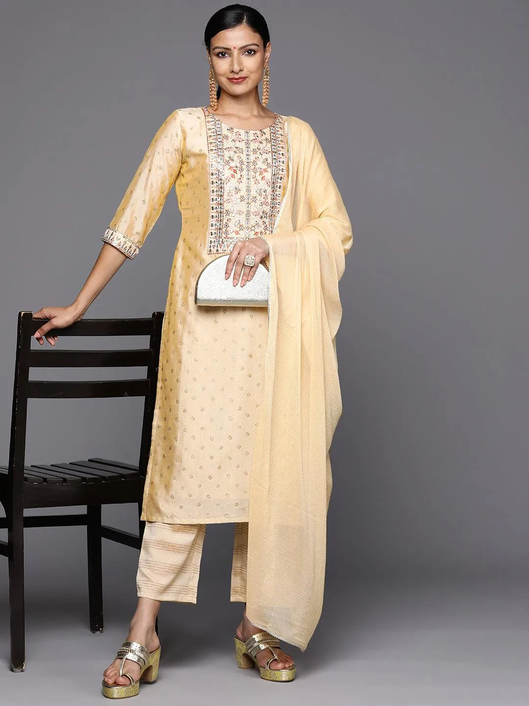 Tan Printed Silk Blend Straight Kurta With Trousers & Dupatta - Libas 