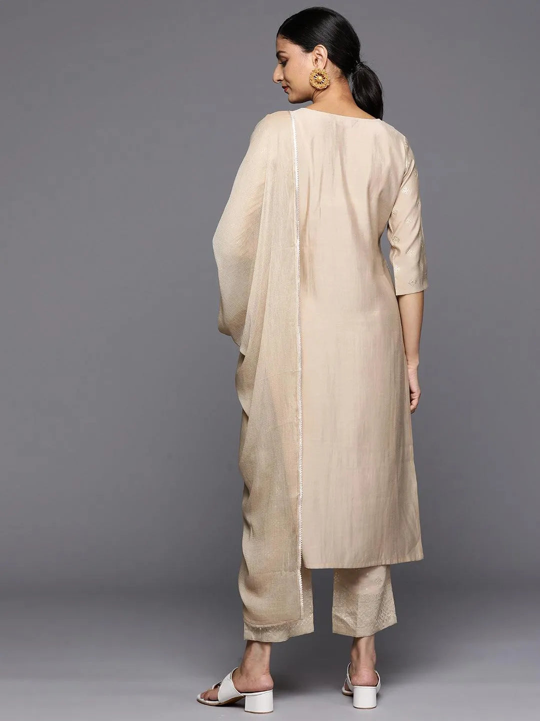 Tan Printed Silk Blend Straight Kurta With Trousers & Dupatta - Libas