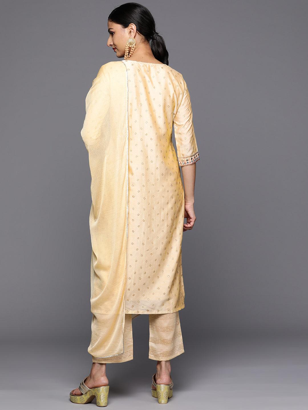 Tan Printed Silk Blend Straight Kurta With Trousers & Dupatta