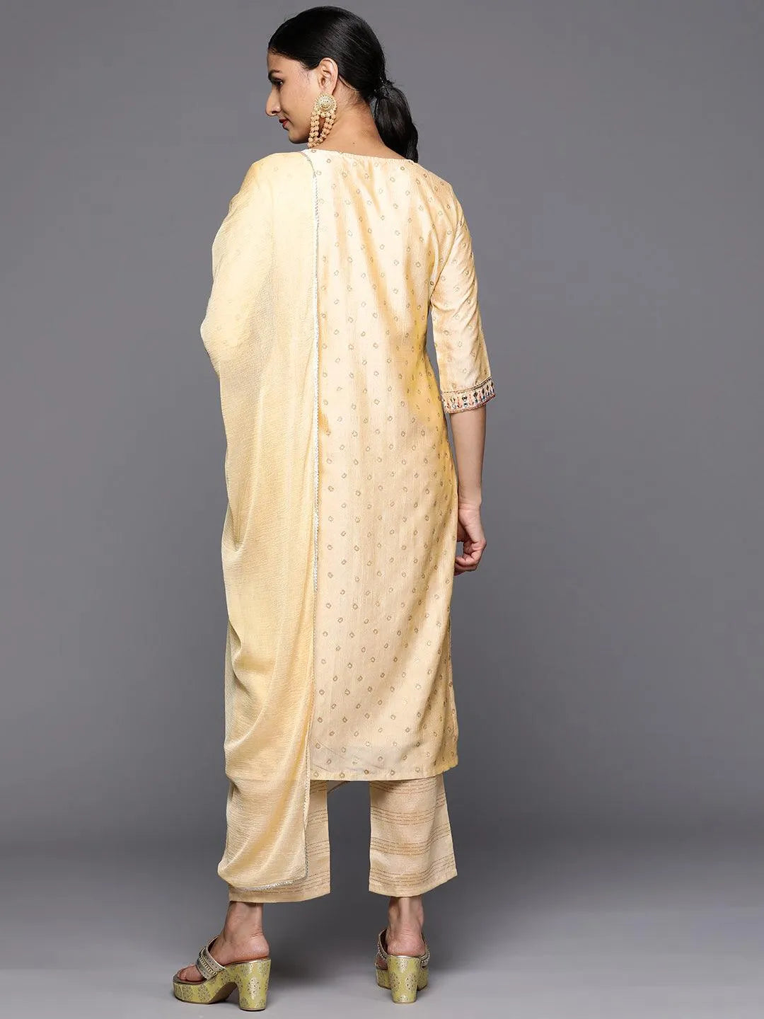 Tan Printed Silk Blend Straight Kurta With Trousers & Dupatta - Libas 