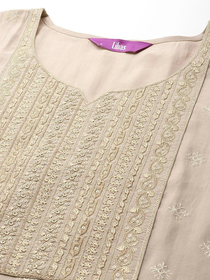 Tan Printed Silk Blend Straight Kurta With Trousers & Dupatta - Libas