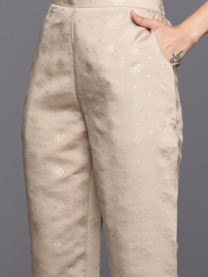 Tan Printed Silk Blend Straight Kurta With Trousers & Dupatta - Libas
