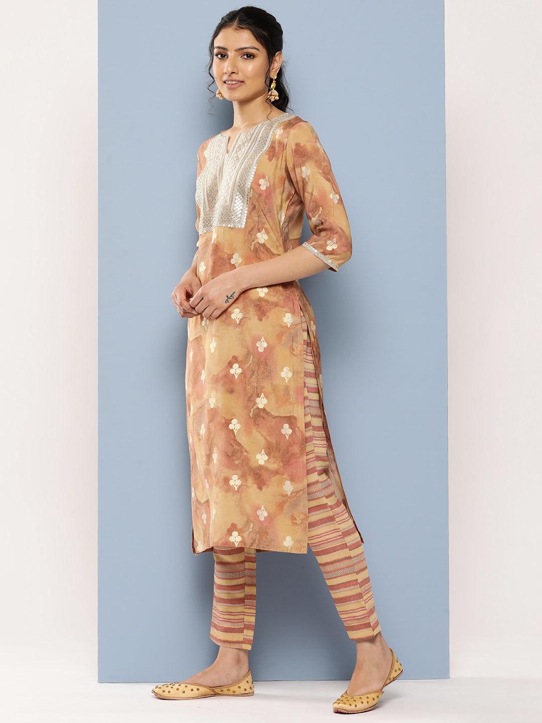 Tan Yoke Design Silk Blend Straight Kurta With Trousers & Dupatta
