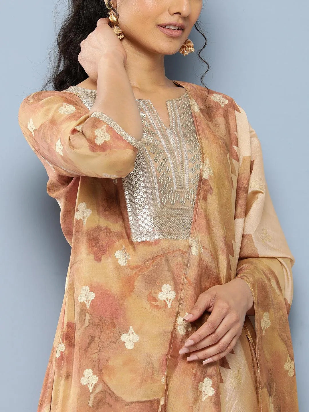 Tan Yoke Design Silk Blend Straight Suit Set With Trousers - Libas 