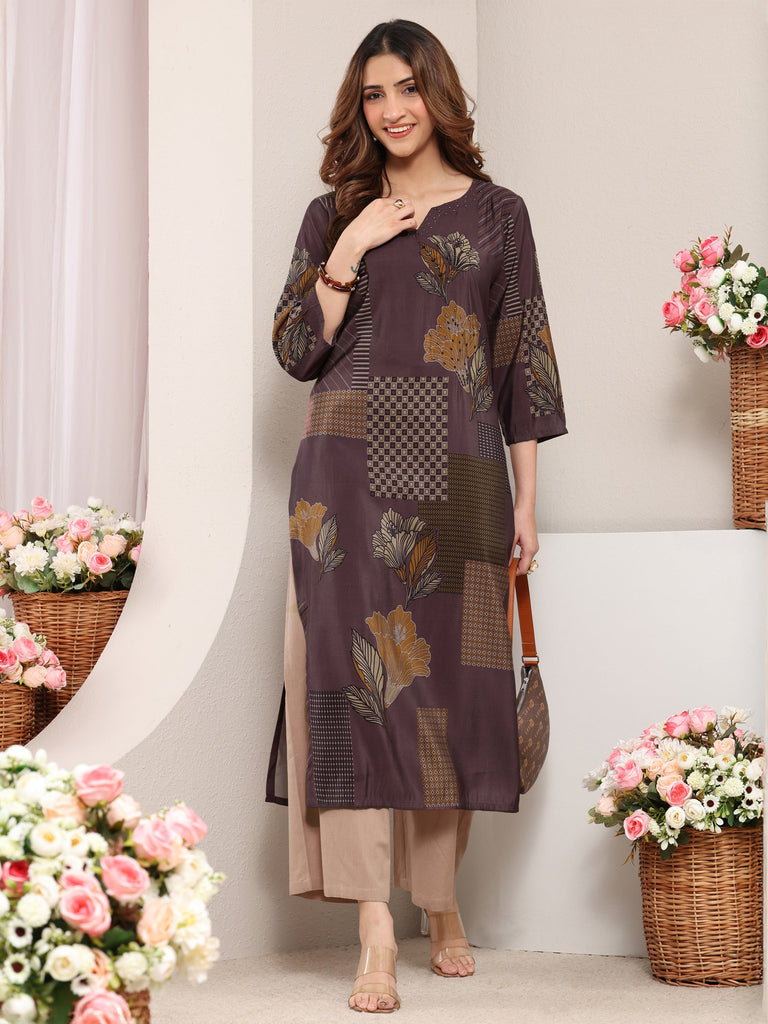 Libas Taupe Abstract Printed Silk Blend Straight Kurta