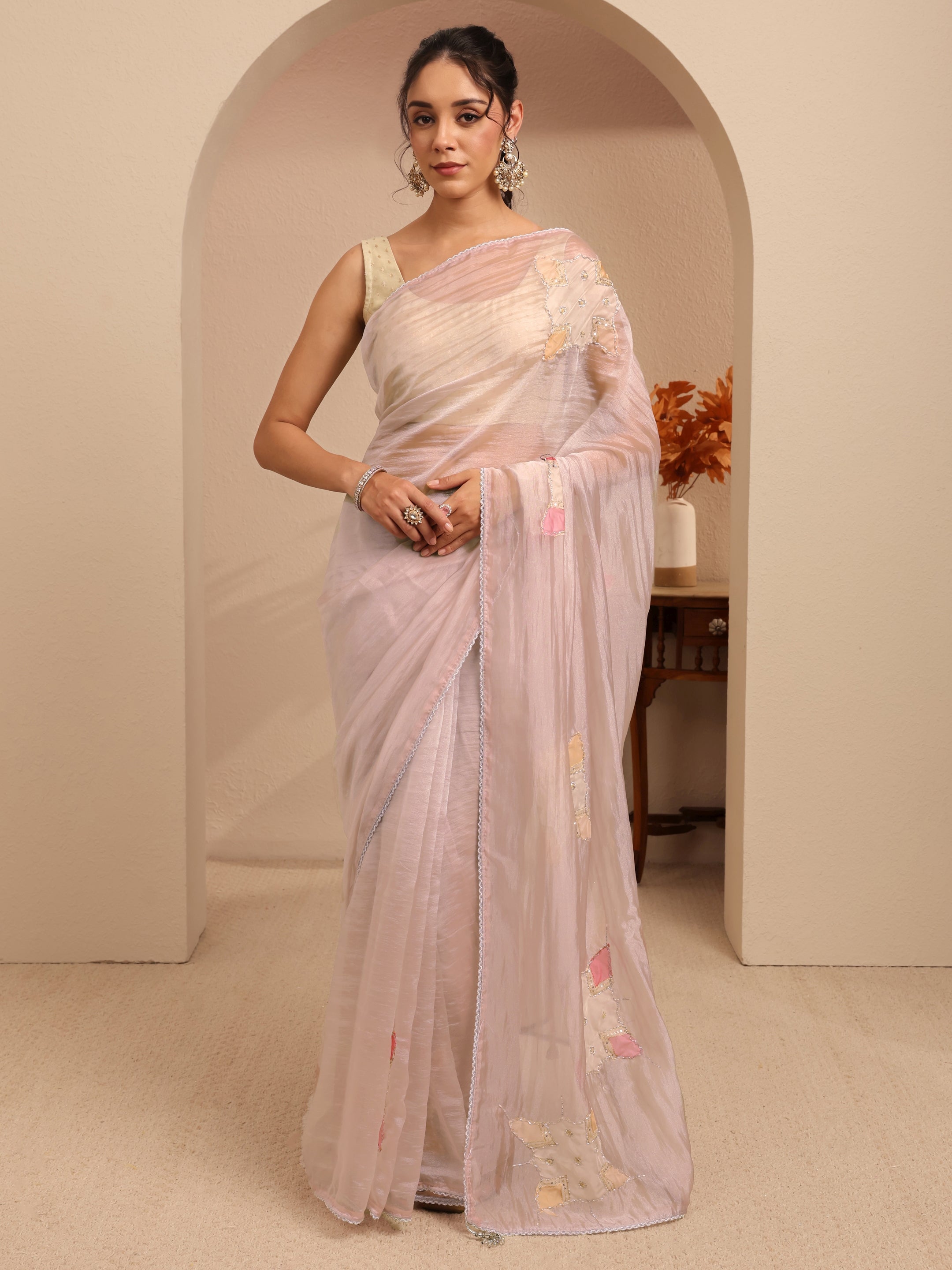 libas Taupe Applique Embellished Organza Saree-picture-60