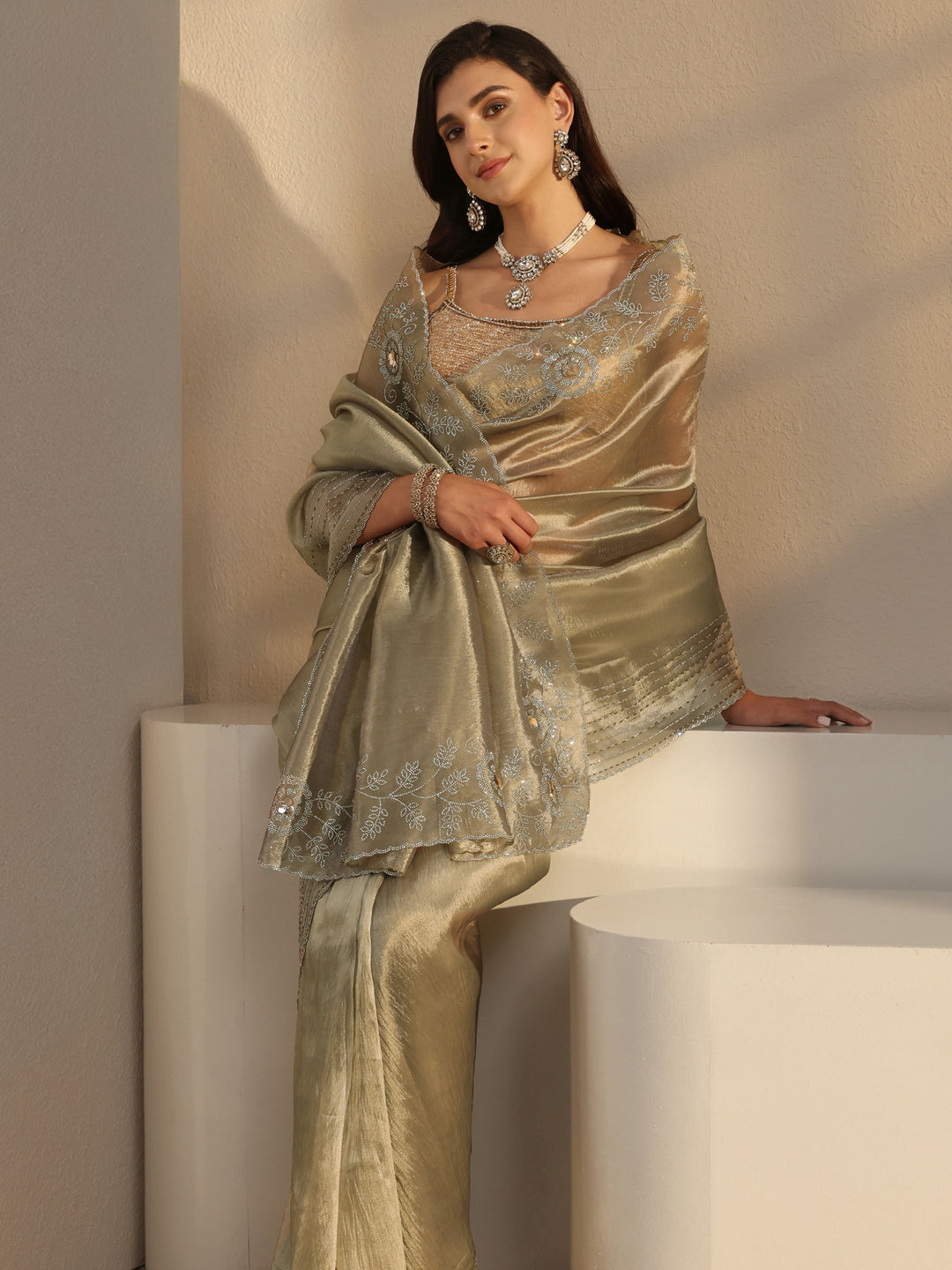  Libas Taupe Embellished Chiffon Saree With Unstitched Blouse Piece 