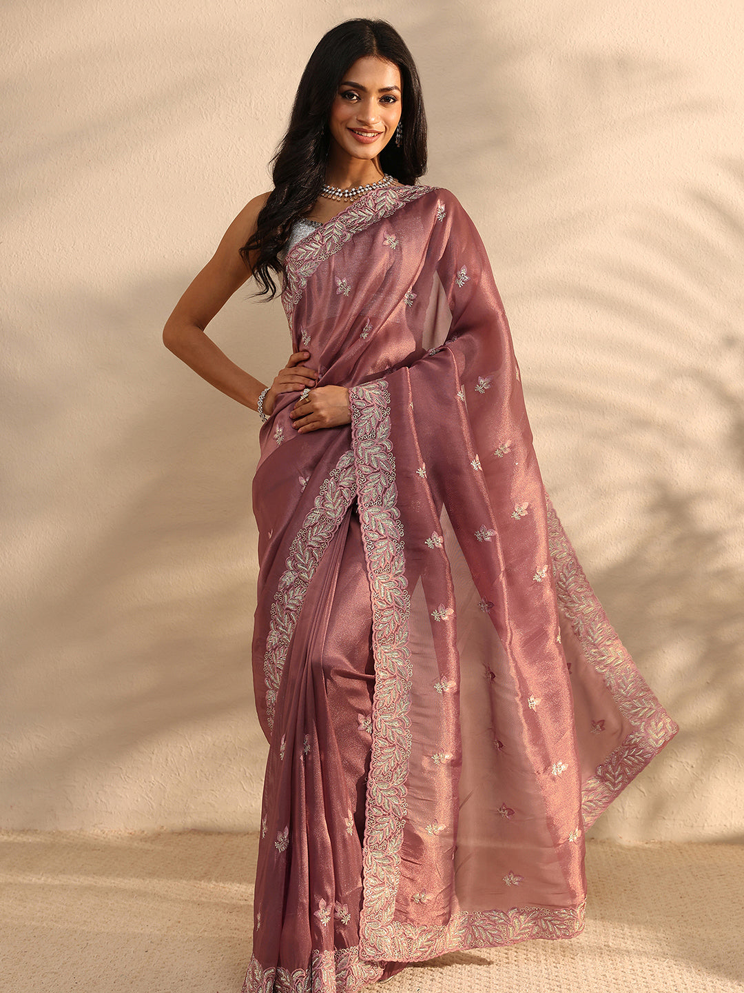  Taupe Embroidered Silk Blend Saree 
With Unstitched Blouse Piece 