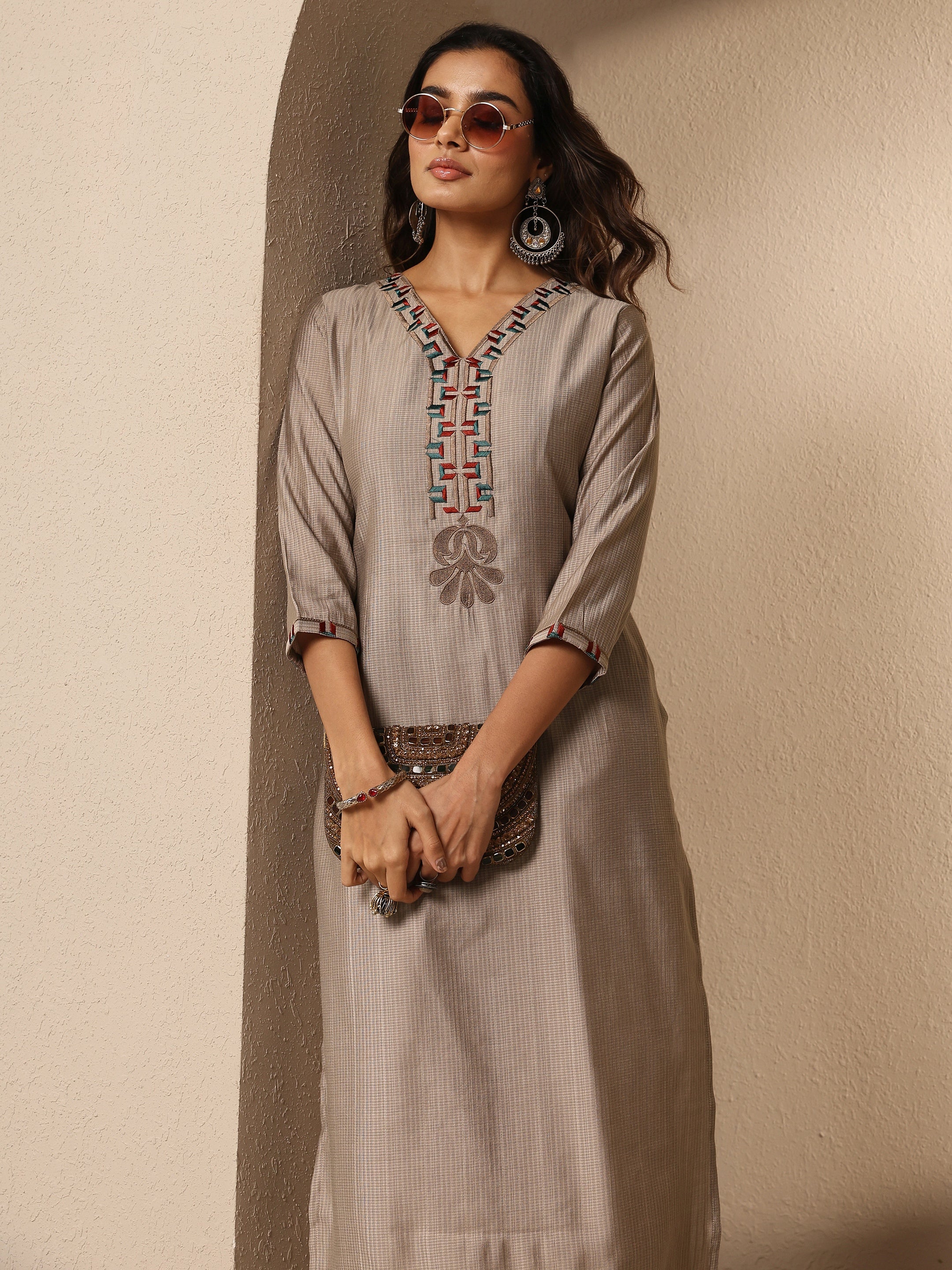 Taupe Embroidered Silk Blend Straight Kurta-image-21