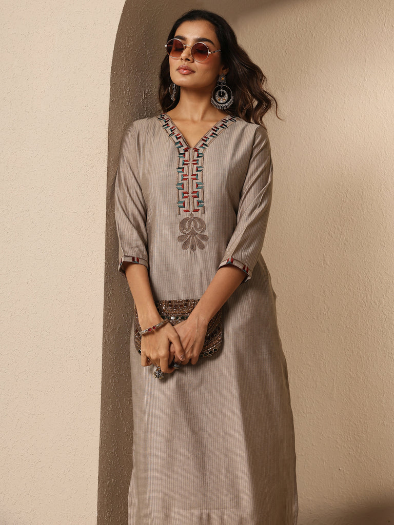 Libas Taupe Embroidered Silk Blend Straight Kurta