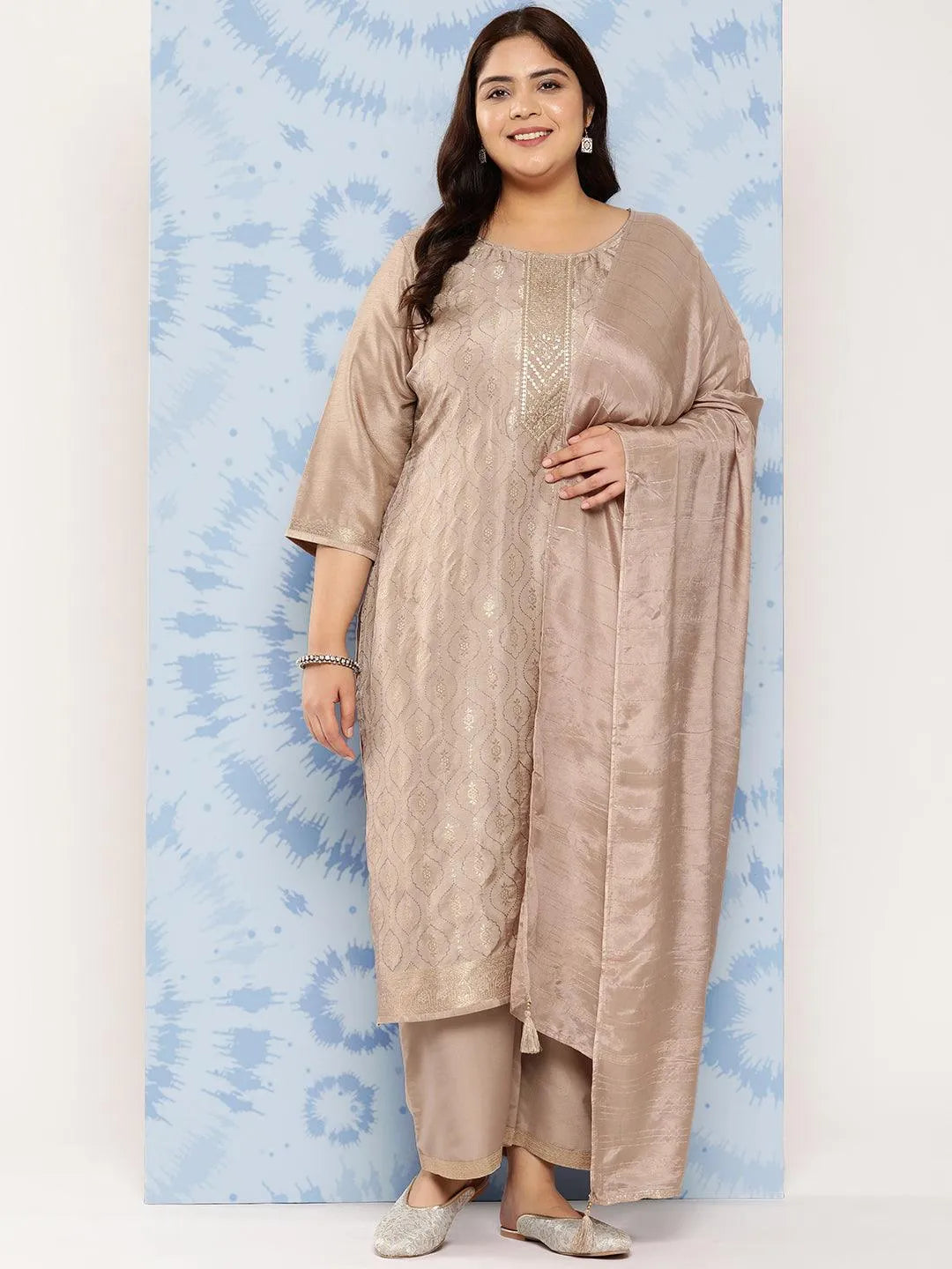 Taupe Embroidered Silk Blend Straight Kurta With Trousers and Dupatta - Libas