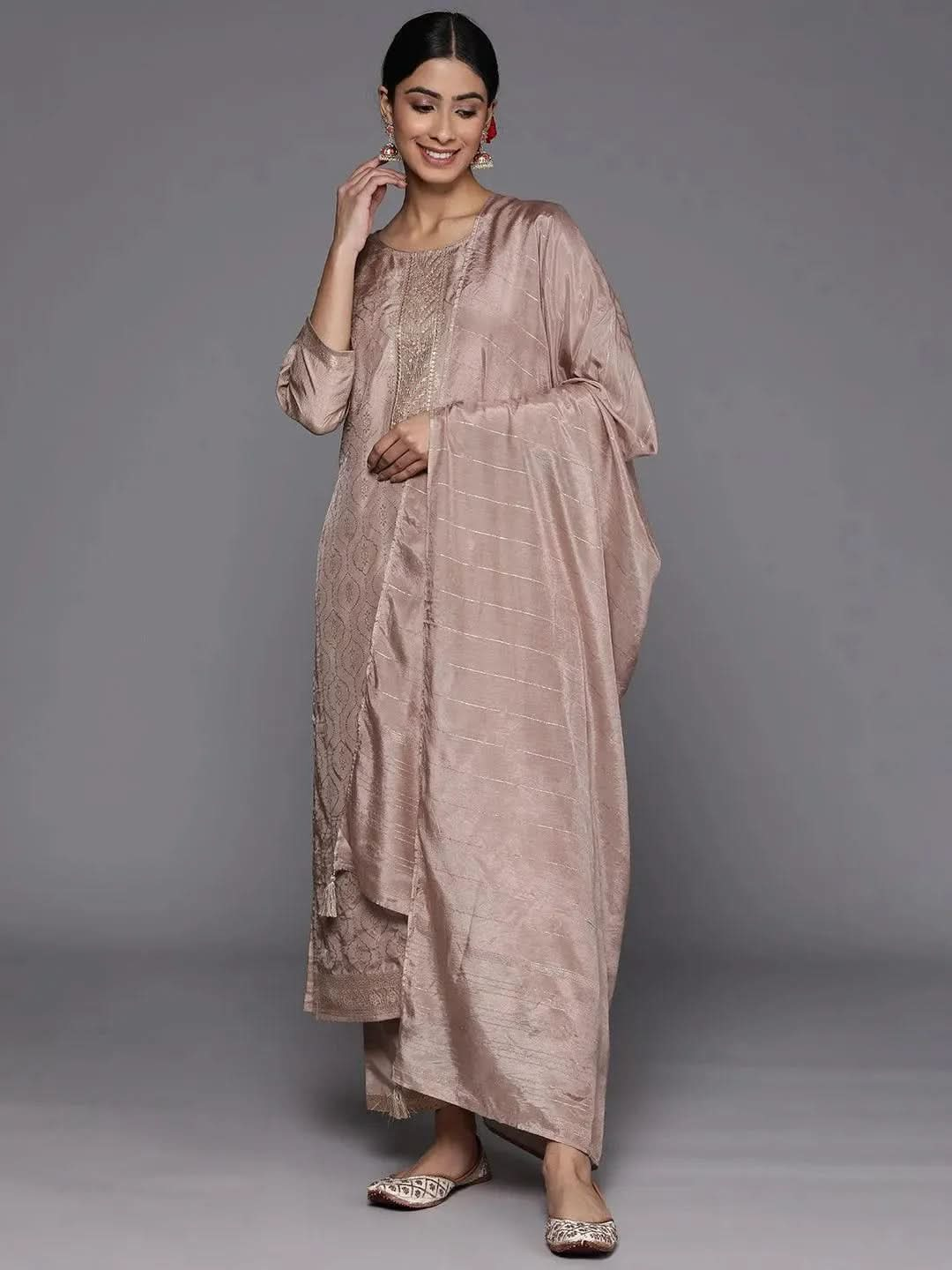 Taupe Embroidered Silk Blend Suit Set With Trousers - Libas