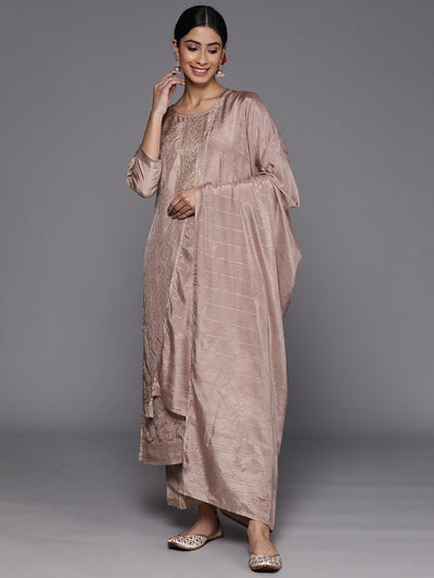 Taupe Embroidered Silk Blend Suit Set With Trousers - Libas