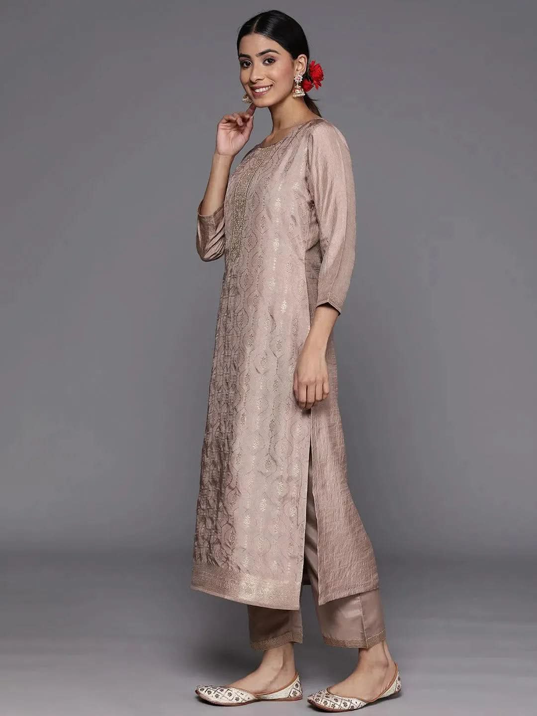 Taupe Embroidered Silk Blend Suit Set With Trousers - Libas 