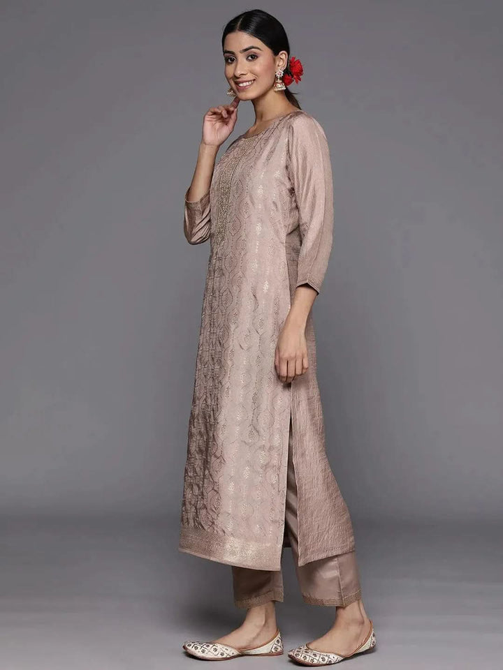 Taupe Embroidered Silk Blend Suit Set With Trousers - Libas