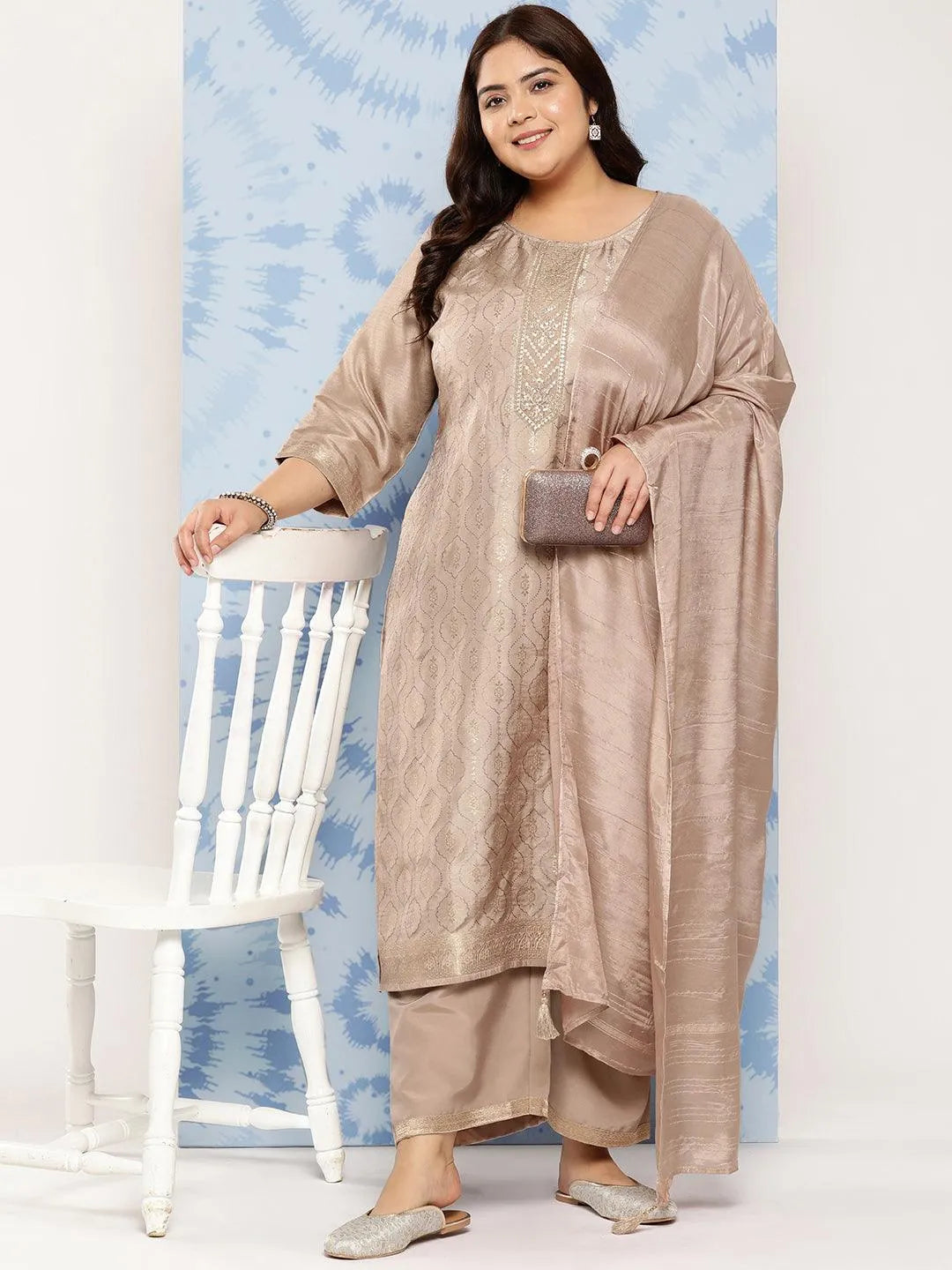 Taupe Embroidered Silk Blend Straight Kurta With Trousers and Dupatta - Libas