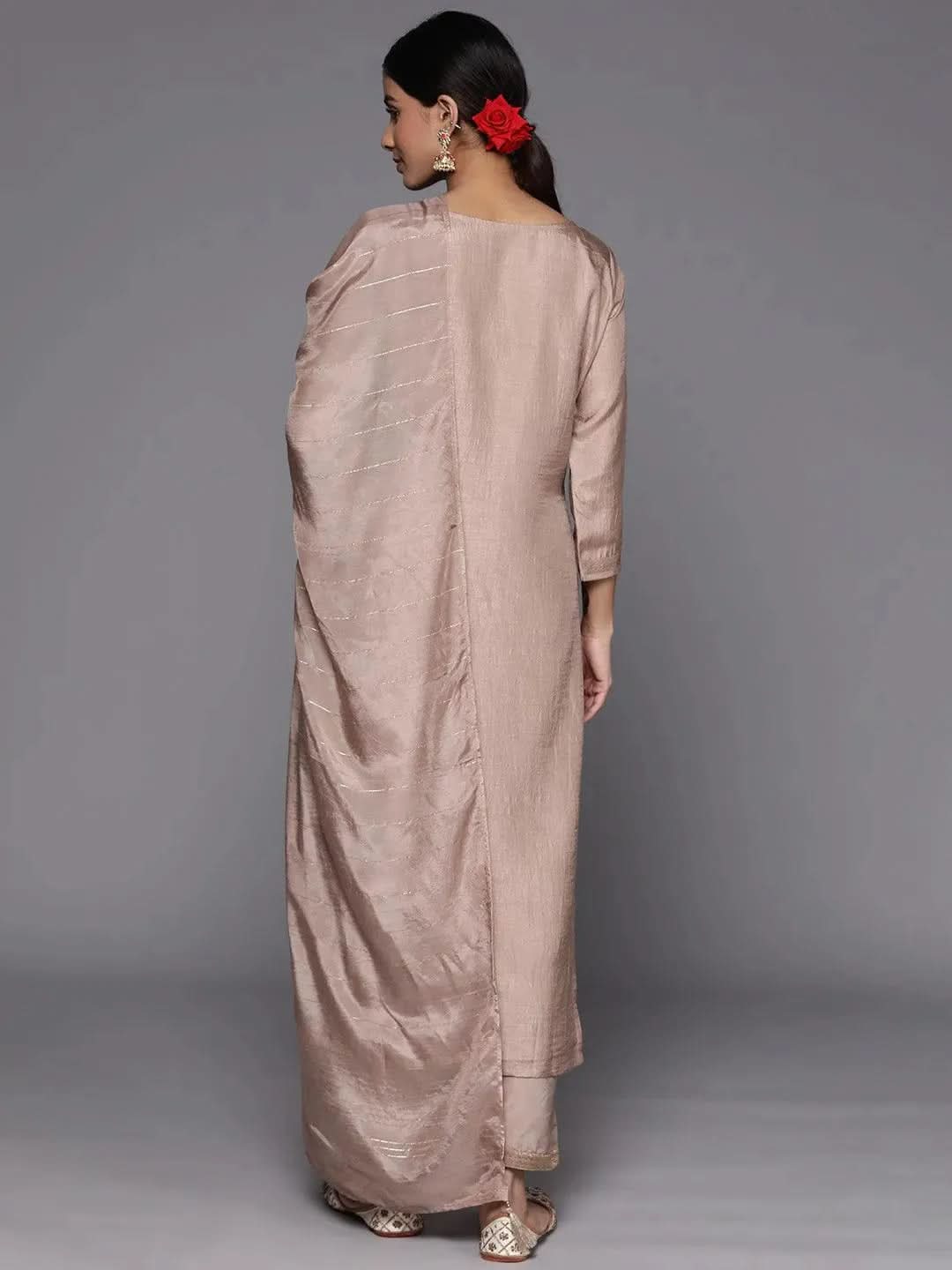 Taupe Embroidered Silk Blend Suit Set With Trousers - Libas 