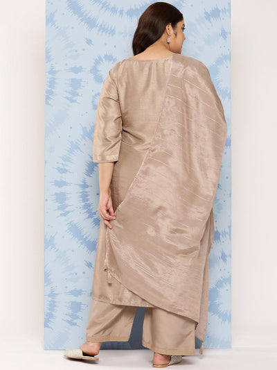 Taupe Embroidered Silk Blend Straight Kurta With Trousers and Dupatta - Libas
