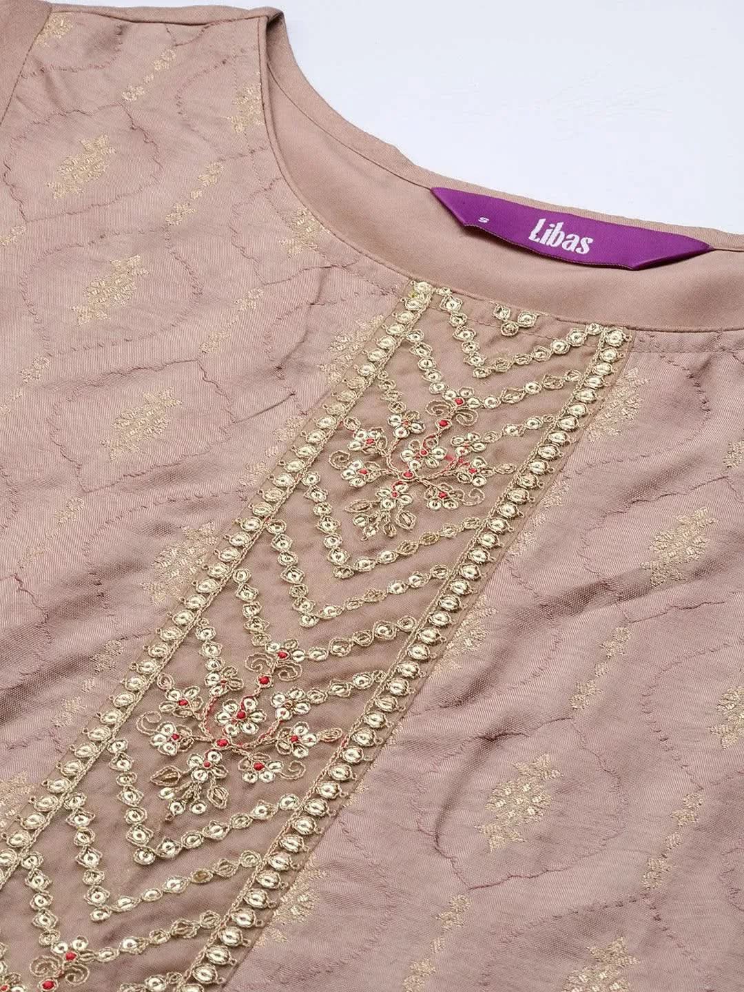 Taupe Embroidered Silk Blend Suit Set With Trousers - Libas 