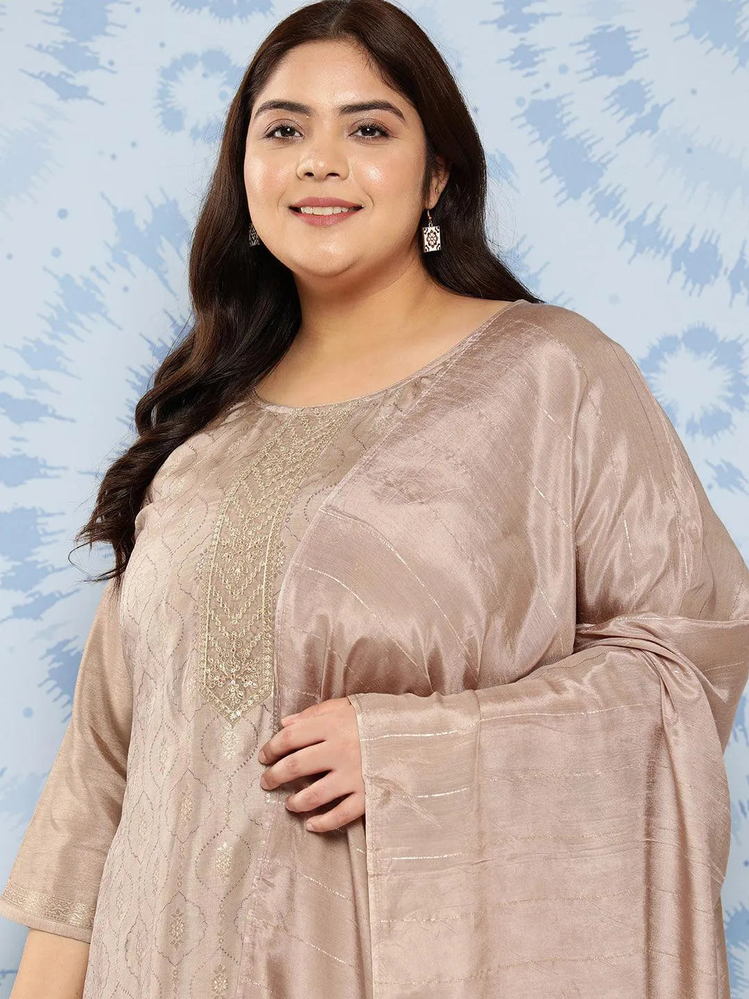 Taupe Embroidered Silk Blend Straight Kurta With Trousers and Dupatta - Libas