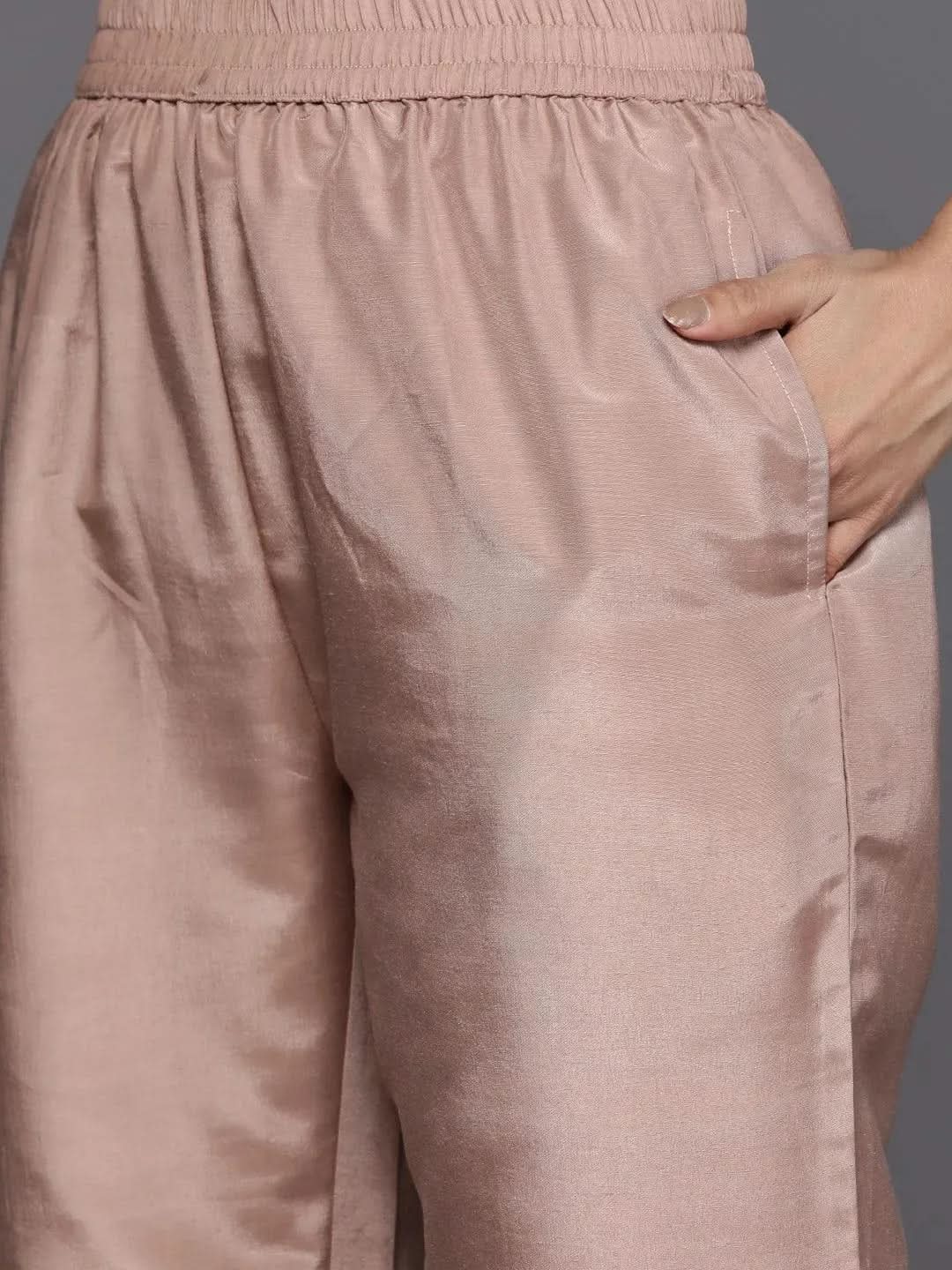 Taupe Embroidered Silk Blend Suit Set With Trousers - Libas 