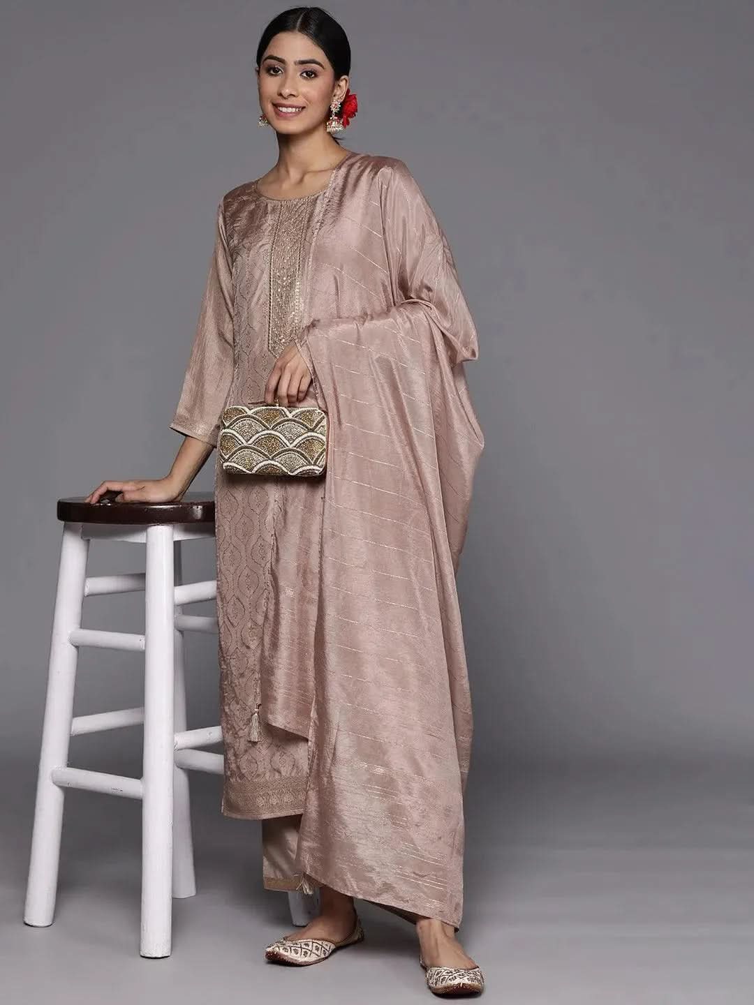 Taupe Embroidered Silk Blend Suit Set With Trousers - Libas 