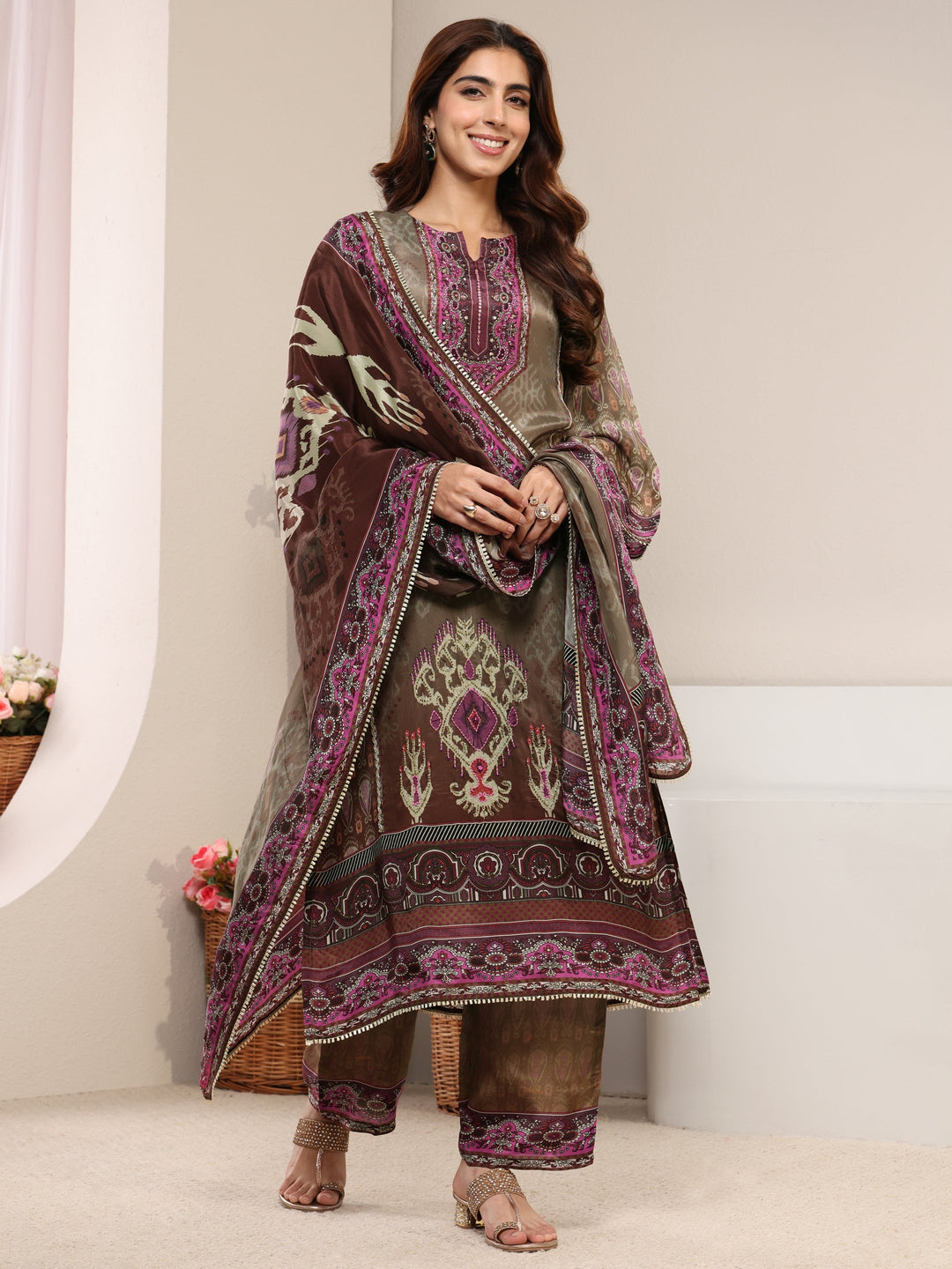  Taupe Ethnic Printed Crepe Straight Suit Set With Dupatta 