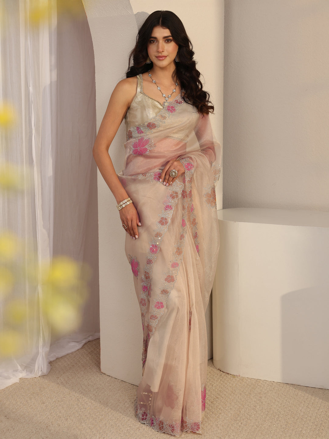  Libas Taupe Floral Embellished Organza Saree With Unstitched Blouse Piece 
