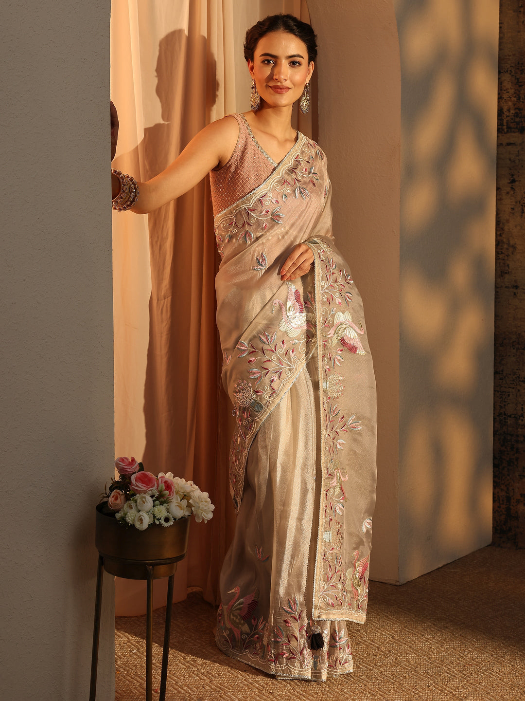  Taupe Floral Embroidered Organza Saree With Unstitched Blouse Piece 